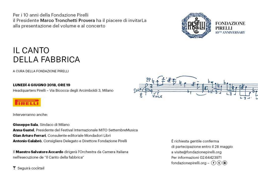 “Il Canto della fabbrica”: un libro e un concerto per festeggiare i 10 anni della Fondazione Pirelli