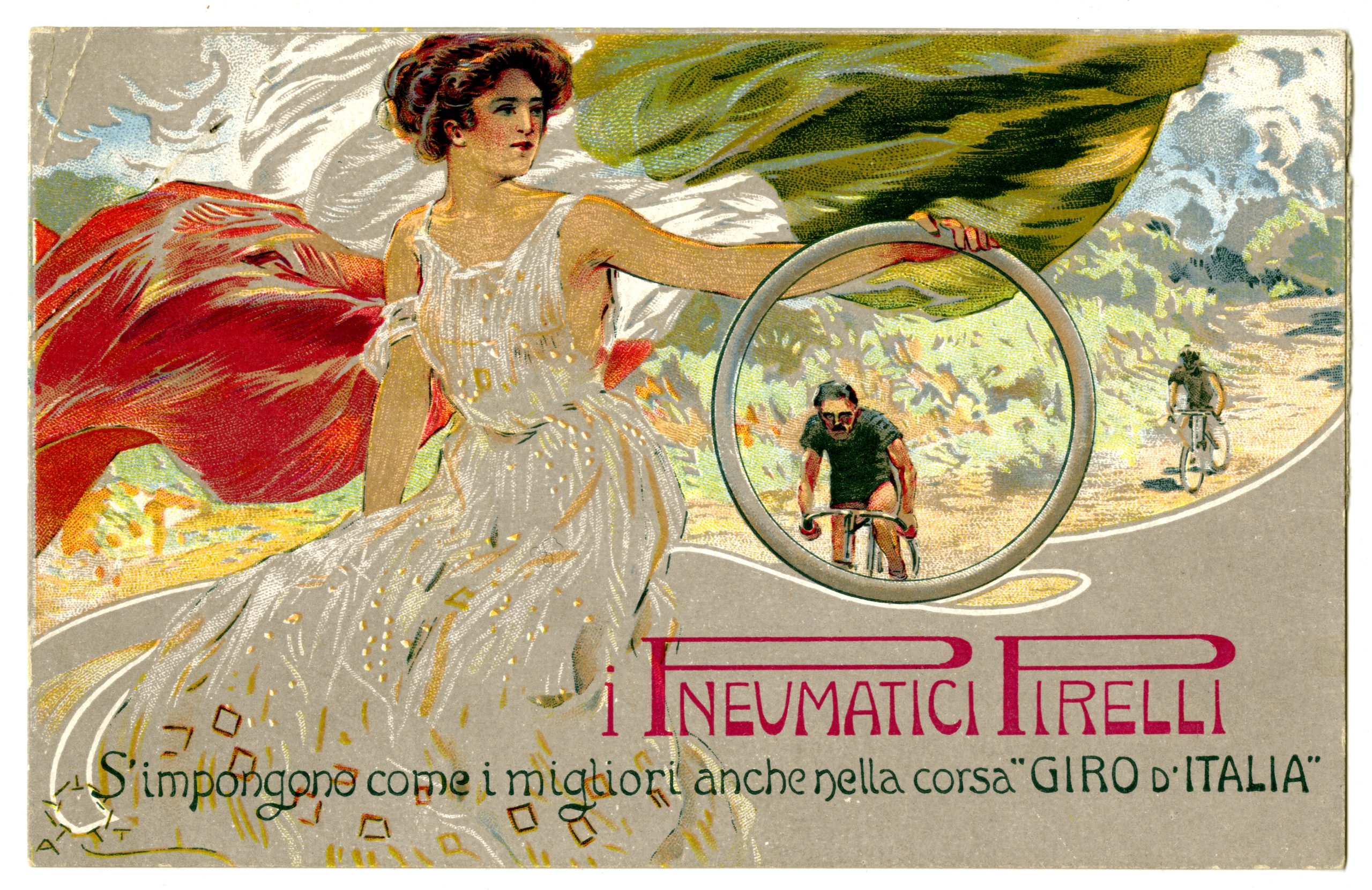 Aleardo Terzi, pubblicità dei pneumatici Pirelli per biciclette, cartolina postale realizzata in occasione del Giro d'Italia, 1909