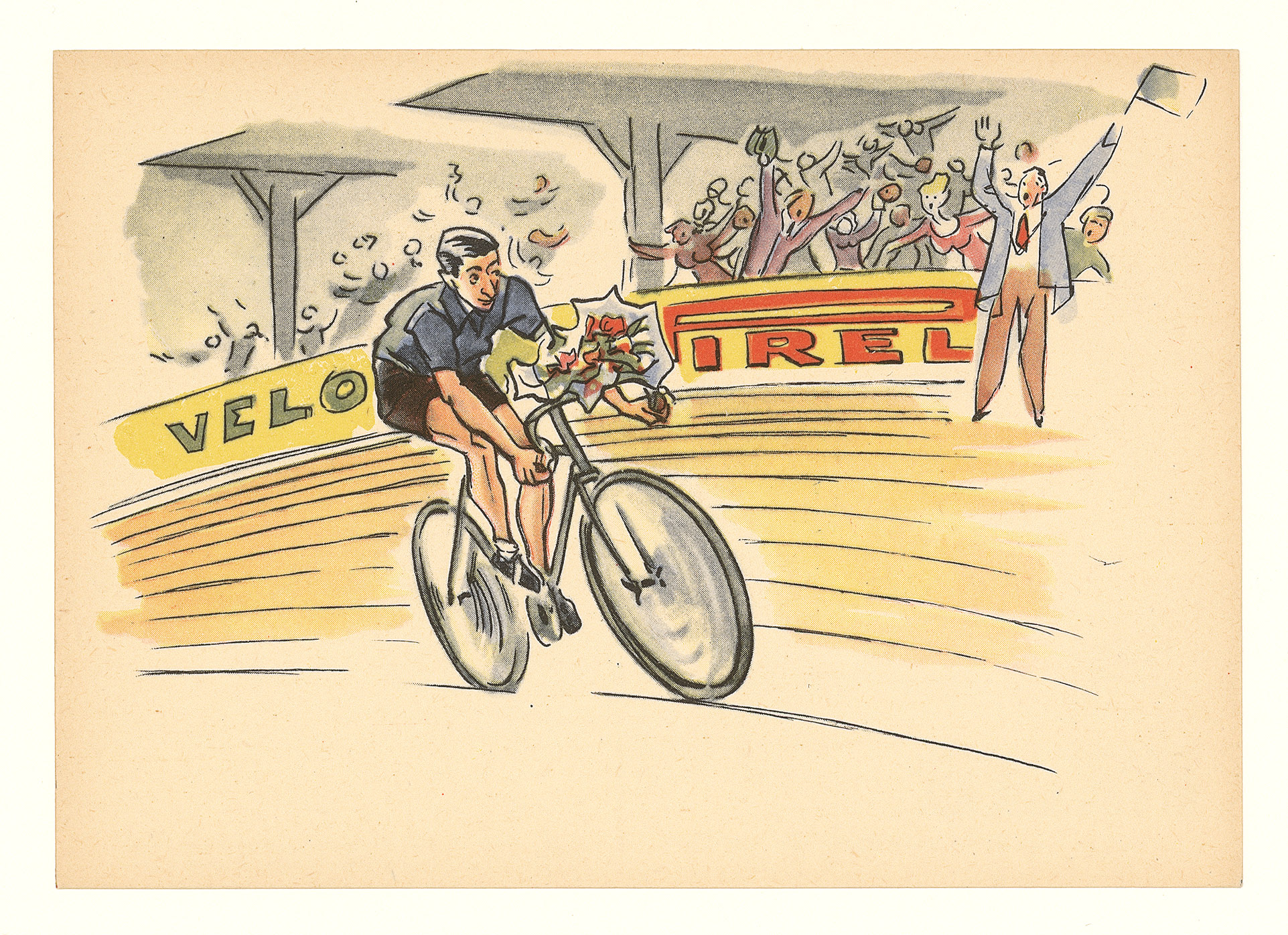 Fausto Coppi illustrato nella serie di cartoline promozionali Pirelli, 1948 ca.