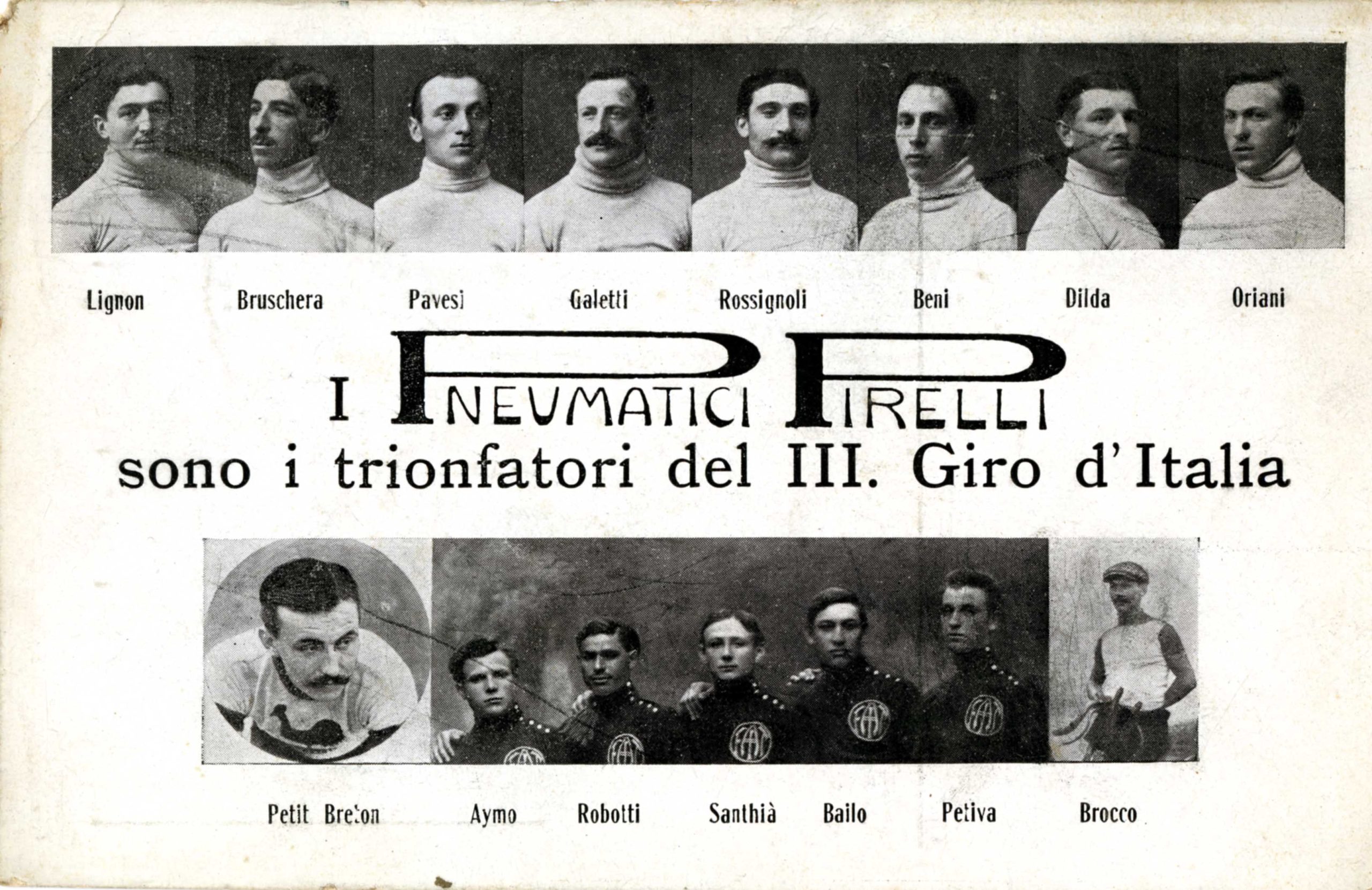 Locandina pubblicitaria pneumatici Pirelli dopo le vittorie al terzo Giro d'Italia 