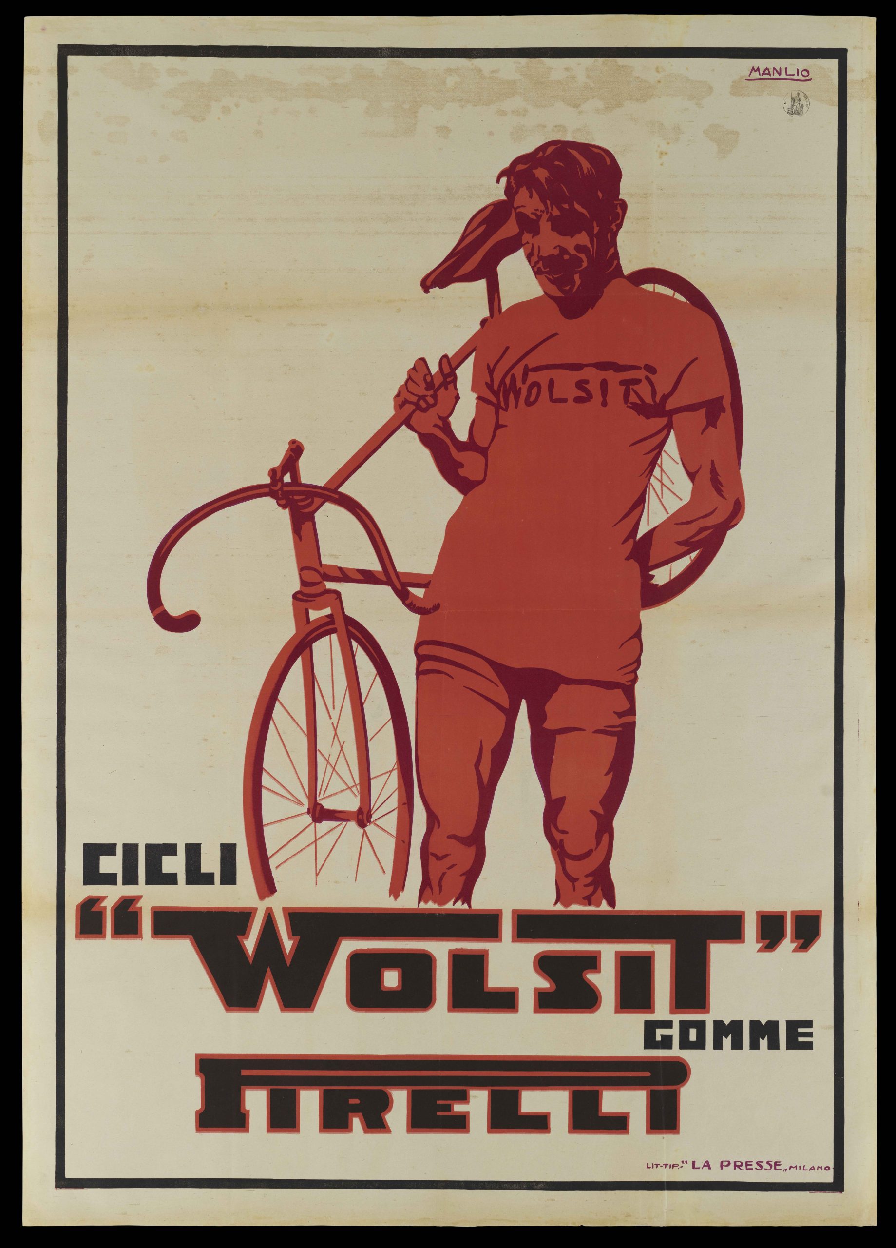 Manlio, pubblicità cicli Wolsit con gomme Pirelli, 1920