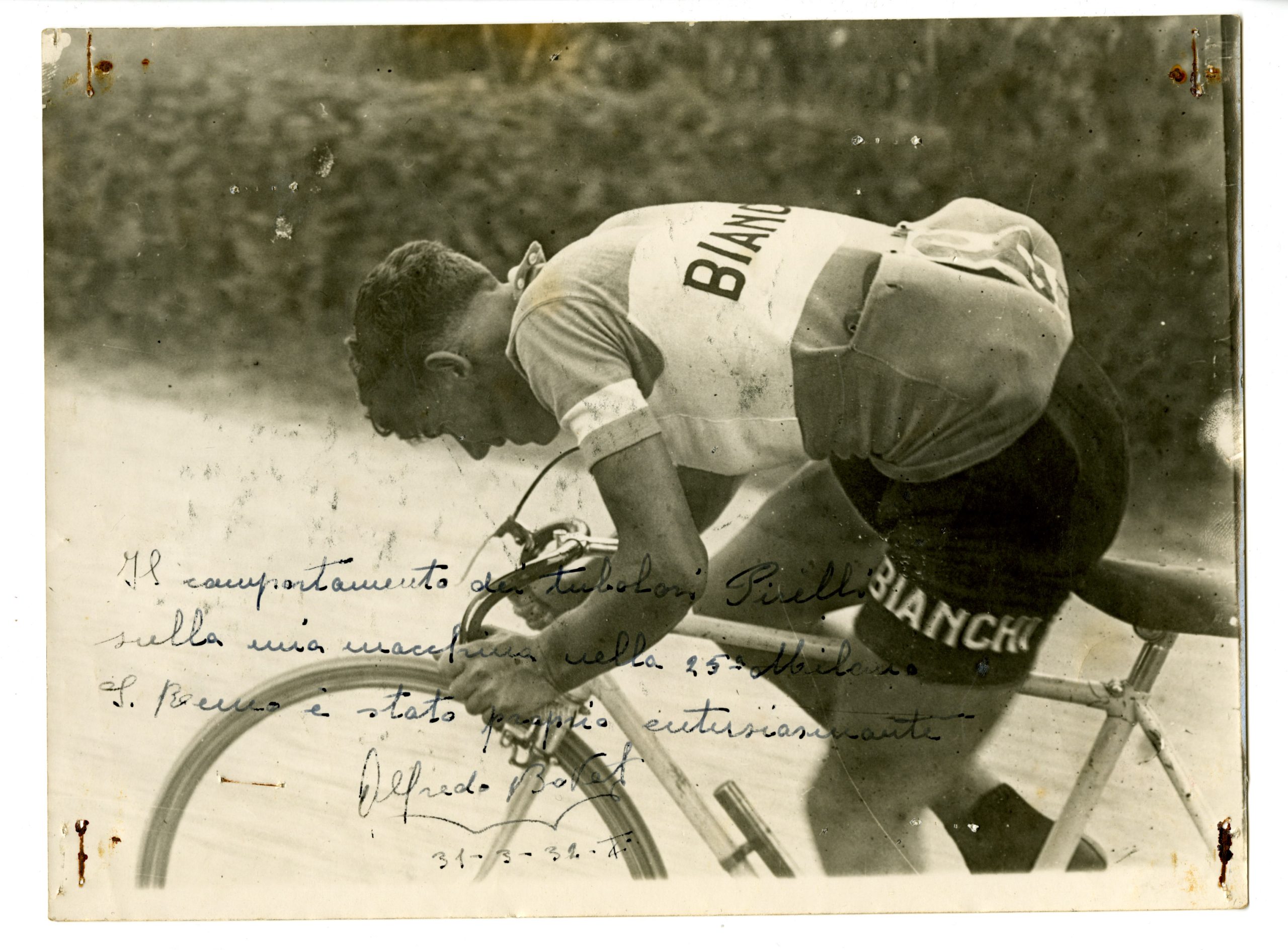 Alfredo Bovet, winner of the 1932 Milan–San Remo race on a Bianchi–Pirelli bicycle
